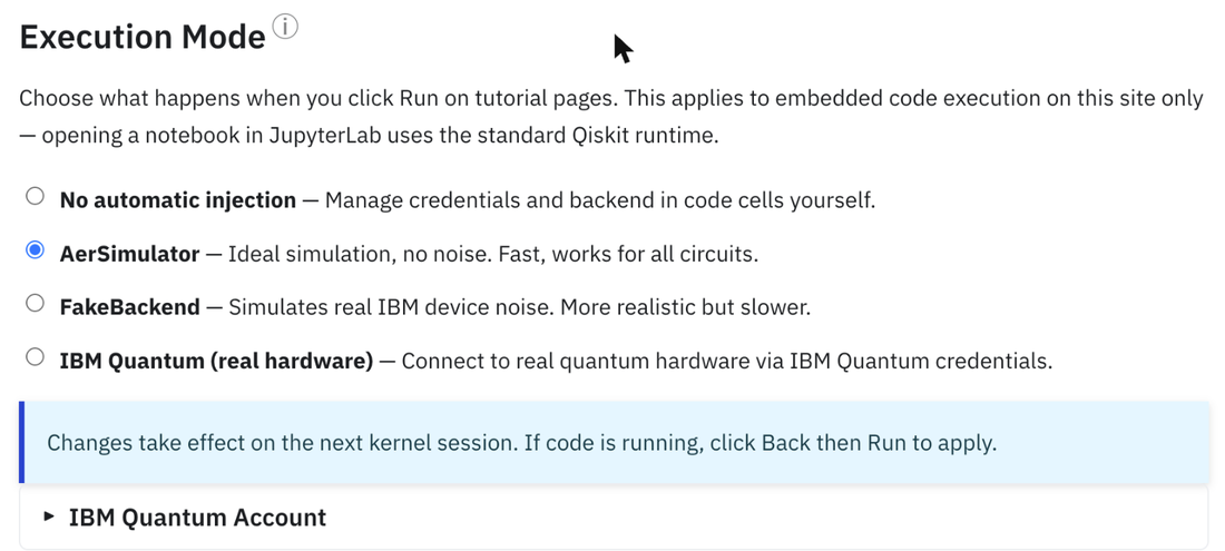 Параметр Execution Mode: AerSimulator, FakeBackend або IBM Quantum (реальне залізо).